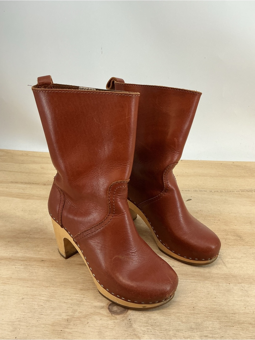 Toffel Swedish Leather Mid-Calf Clog Boots in Brown Size 36
